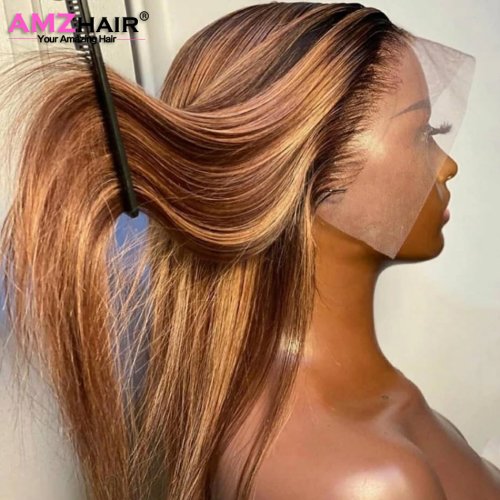 Imagen de Pelucas Frontales de Encaje HD 13x4 con Cabello Humano Natural Recto en Color Rubio Miel para Mujeres - Peluca de Alta Calidad con Frente de Encaje Transparente