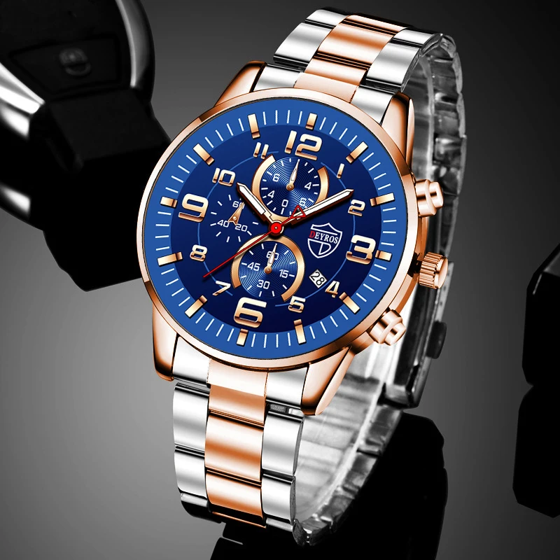 Imagen de Reloj Deportivo para Hombre de Acero Inoxidable con Correa de Cuero, Cuarzo Luminoso y Calendario - Diseño Elegante y Resistente