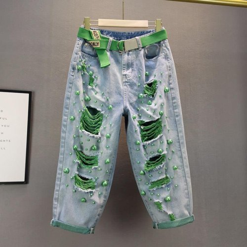 Immagine di Pantaloni Harem in Denim Verde Perla con Perline Colorate Donna Estate - Jeans Larghi Oversize Vita Alta con Foro, Tendenza Moda 2024