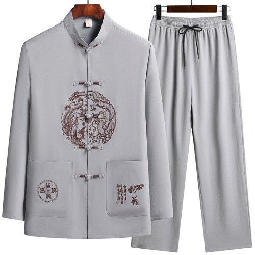 Image of Men's Traditional Chinese Style Long Sleeve Shirt and Pants Set - 100% Cotton Silk Blend Casual Sportswear