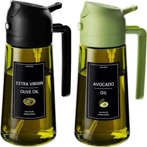 Afbeelding van Natuurlijke Olijfolie Spuitfles met Gietfunctie - 2-in-1 Olie Dispenser van Donkergroen Glas met Stickers, 470ml voor Gezond Koken