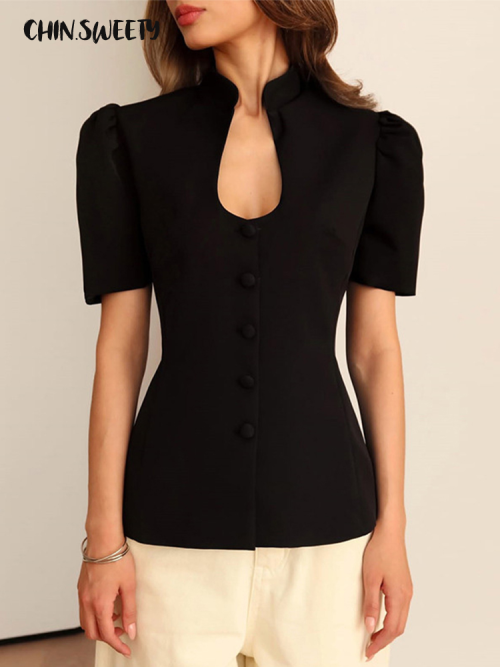 Imagen de Blazer con cuello levantado para mujer, abrigos de manga corta con botones y mangas abullonadas, ropa de calle elegante para verano y otoño 2025