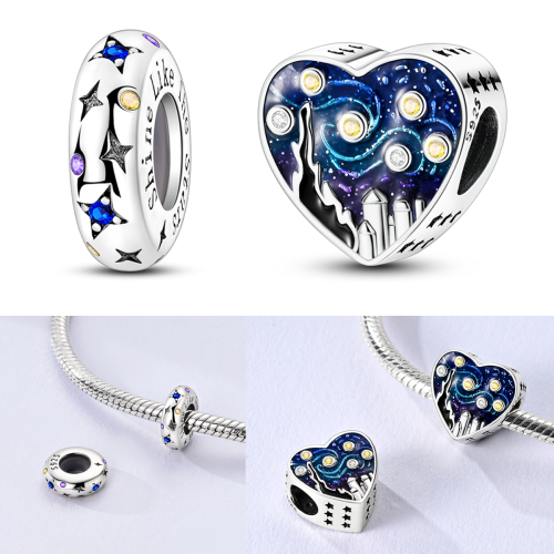 Zdjęcie Koraliki Charms Srebro Próby 925 Mały Van Gogh Gwieździste Niebo Cyrkonia CZ Błyszcząca Gwiazda Wiszące Pasują do Oryginalnej Bransoletki DIY Biżuteria Damska