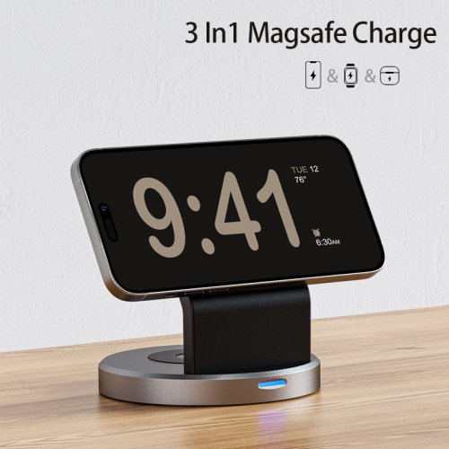 Immagine di Supporto da Tavolo 3 in 1 Magnetico con Ricarica Wireless Magsafe per iPhone 15, 14, 13, 12 Pro Max, Apple Watch e AirPods – Stazione di Ricarica Rapida Integrata