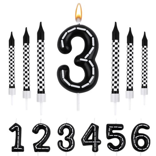 Image of 7-Piece Racing Car Birthday Number Candles with Black and White Checkered Flag Theme – Perfect Cake Topper for Kids' Boys Racing Party Decorations and Favors