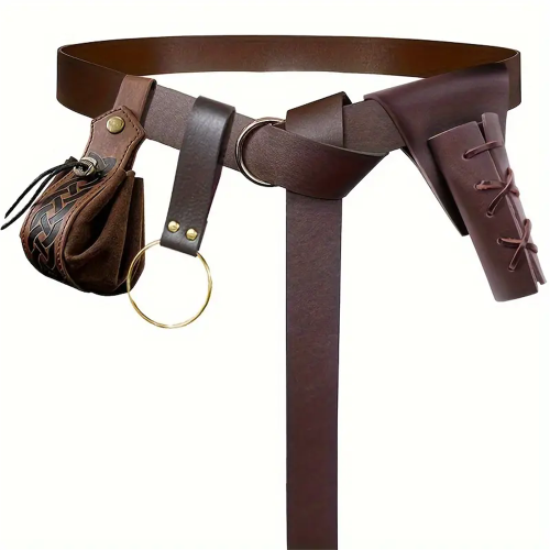 Image of Medieval Knight Cosplay Belt Set with Copper Coin Waist Bag, Leather Sword Sheath & Role-Playing Accessories for Halloween and Costume Events