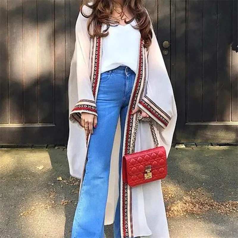 Image of Elegant White Chiffon Maxi Kimono Cardigan with Embroidered Edge and Belt – Feminine Beach Cover-Up for Women, 2024 Summer Kaftan Style Tunica
