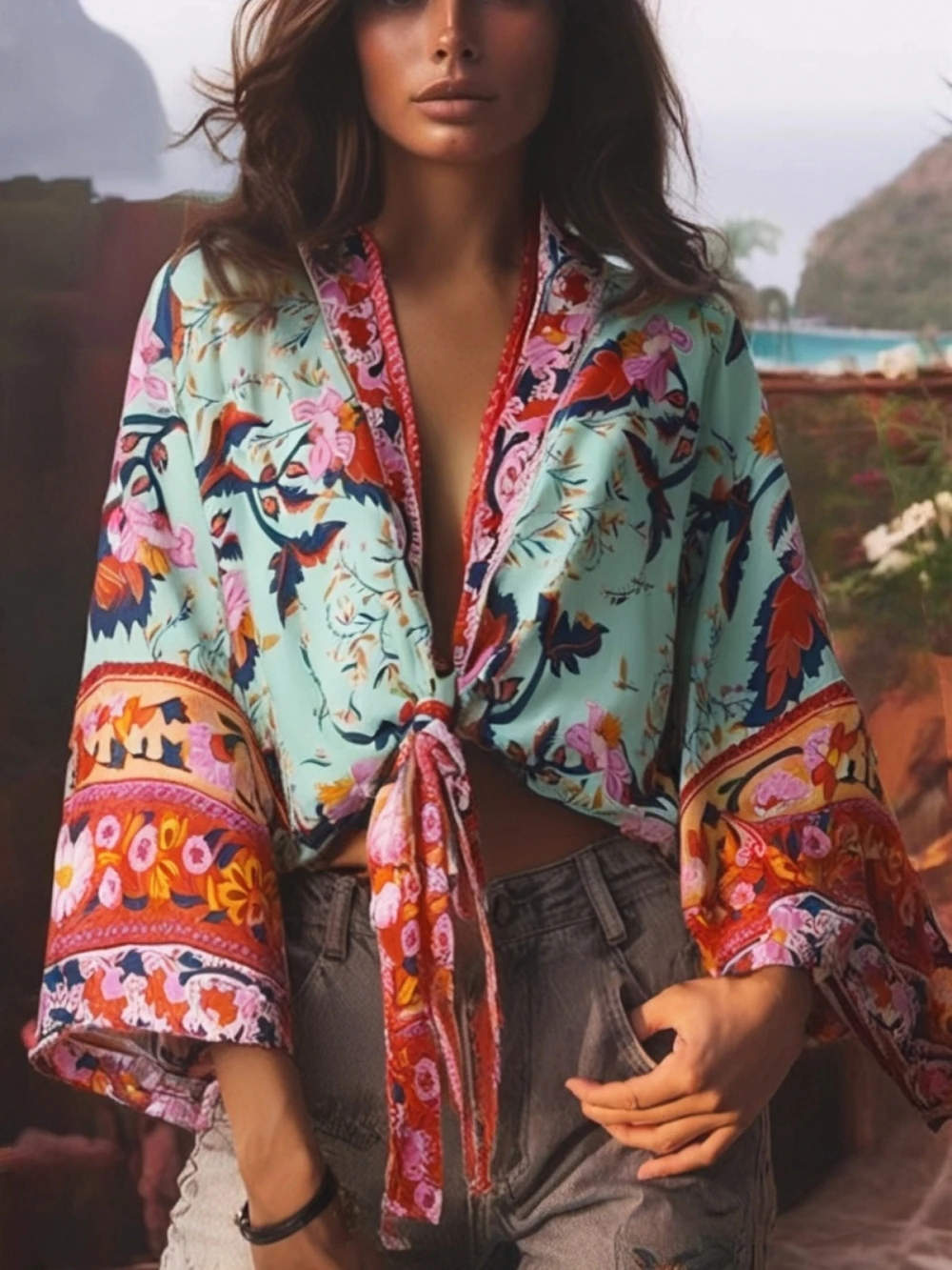 Immagine di Happie Queens Stampa floreale Telai Kimono corto Moda donna Scollo a V Maniche a pipistrello Abito Lady Boho Bikini Cover-up