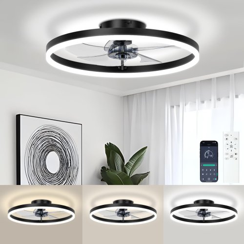 Image of Smart Ceiling Fan with Integrated Dimmable LED Lights and Remote Control, 6-Speed Motor, Flush Mount Design for Bedroom, Living Room, and Kitchen