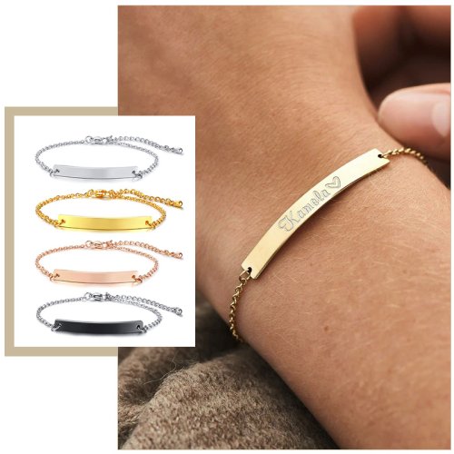 Imagen de Pulseras elegantes personalizadas con barra de identificación para mujer, cadena de eslabones de acero inoxidable fino de 5mm, citas de nombre personalizadas, pulsera BFF, joyería de regalo