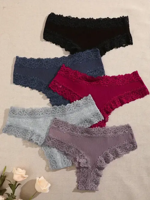 Image de 5 Pièces Culottes Dentelle Florale - Lingerie Douce & Élégante