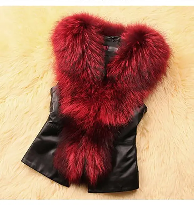 Image of Women's Faux Leather Sleeveless Vest with Raccoon Fur Collar – Oversized Autumn Winter Solid Color Coat with Stitching Detail