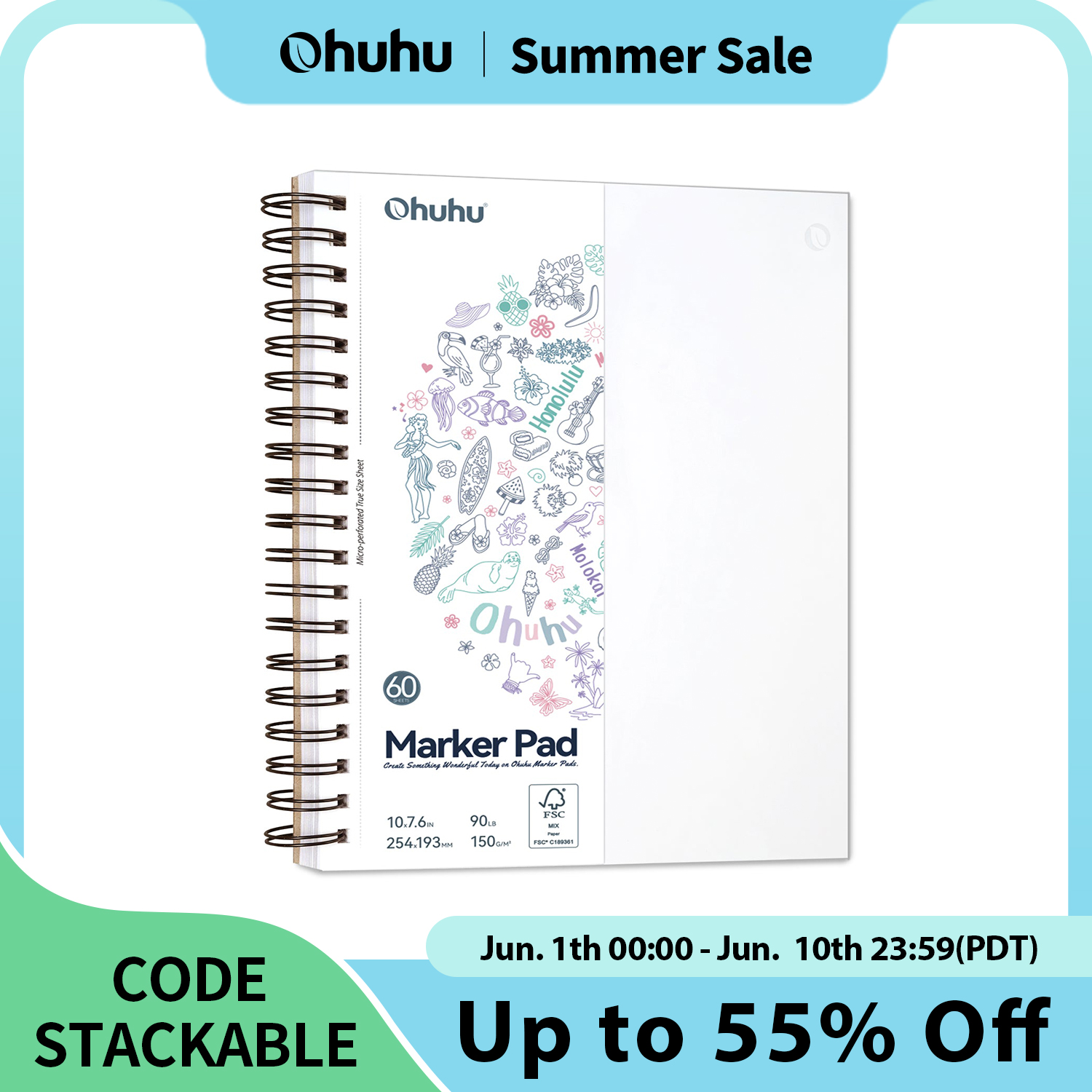 Image of Ohuhu Double Sided Marker Pads Art Sketchbook Bleedproof Spiral Bound Sketching Book for Alcohol Markers Drawing Notebook School