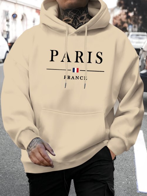 Afbeelding van Herensweatshirt Herfst & Winter met Parijse Letterprint, Losse Fit, Lange Mouwen en Capuchon - Warme Casual Trui