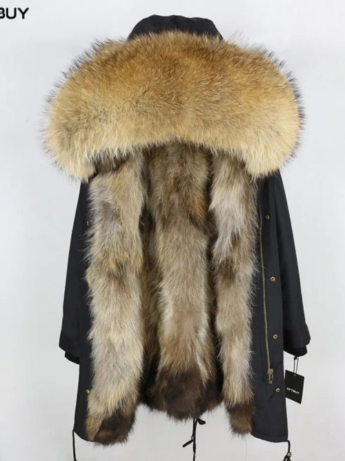 Immagine di Cappotto Invernale Donna in Vera Pelliccia con Collo di Procione e Fodera in Pelliccia di Volpe – Parka Lungo Impermeabile e Caldo