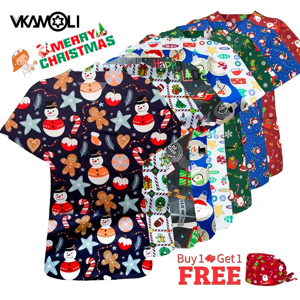 Afbeelding van Leuke Cartoon Dieren Print Kerst Verpleging Scrub Tops Shirts 100% Katoen Tandheelkunde Arts Overalls Medische Chirurgische Uniformen