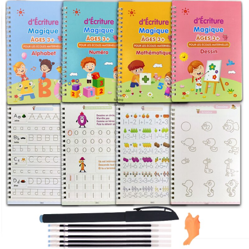 Bild von 4-teiliges Französisch-Praxis-Set mit Wiederverwendbarem Schreibbuch und Stift für Vorschulkinder – Kalligraphie-Notebook zur Sprachförderung ab 3 bis 8 Jahren