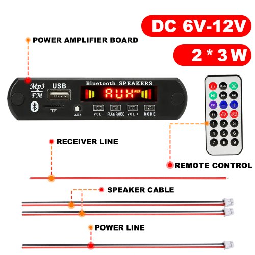 Imagen de Amplificador de Audio para Coche 12V 120W con Bluetooth 5.0, Reproductor MP3/WMA/APE, USB, Tarjeta TF, Radio FM y Función Manos Libres