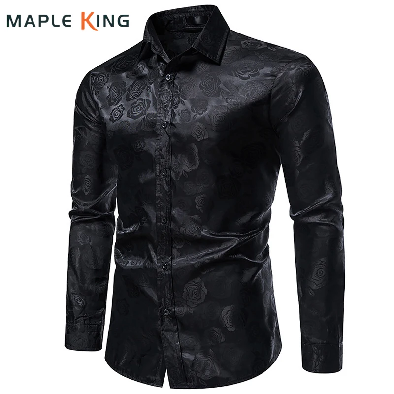 Afbeelding van Elegante Zwarte Roos Print Heren Overhemd met Lange Mouwen – Luxe Bloemen en Paisley Motief van Zijde voor Business, Feest en Bruiloft