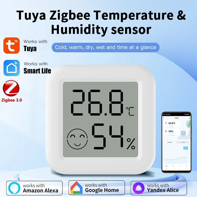 Zdjęcie Czujnik temperatury i wilgotności Tuya Zigbee – inteligentny termometr do domu z funkcją zdalnego sterowania przez aplikację Smart Life, kompatybilny z Yandex i Alexa