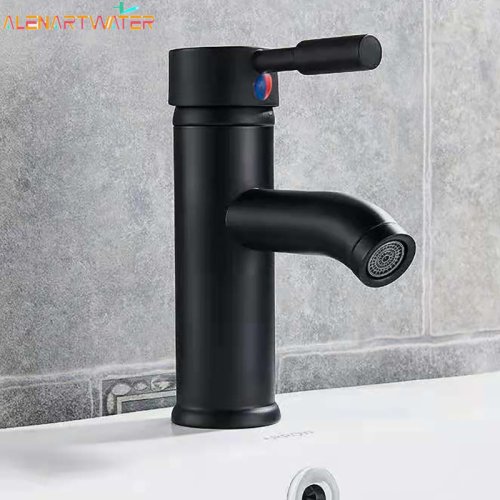 Image of Modern Black Stainless Steel Single Handle Bathroom Basin Faucet with Hot and Cold Water Mixer Tap for Elegant Sink Installation