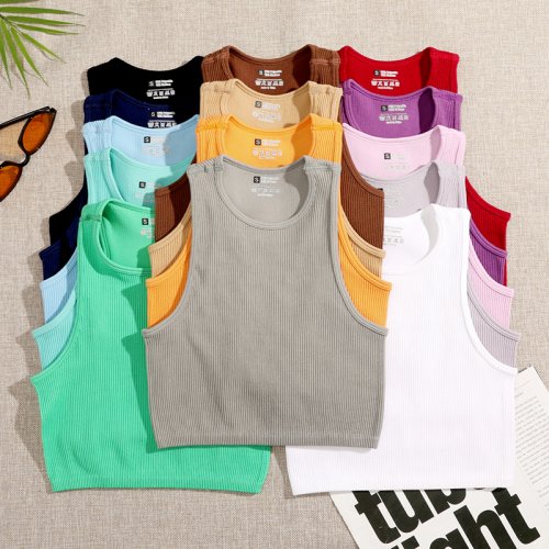 Immagine di Top Donna Senza Maniche in Cotone Elastico a Coste - T-Shirt Basic Casual con Design Seamless per Streetwear