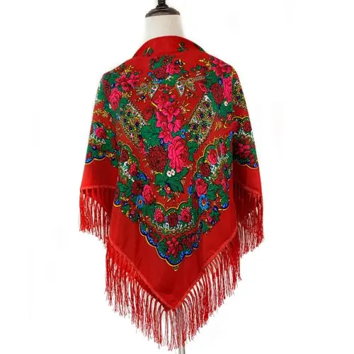 Image de Écharpe Russe Éthnique 120x120cm - Foulard Floral Rétro en Coton