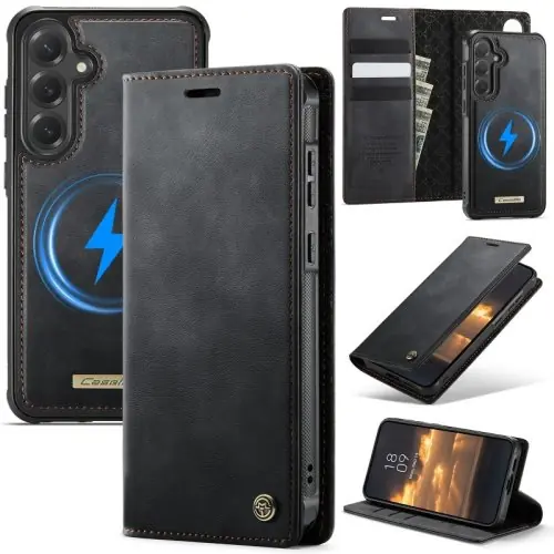 Image de étui portefeuille en cuir avec chargement sans fil magnétique étui à rabat pour samsung galaxy s25 edge s24 fe s23 plus s22 ultra s21 s20