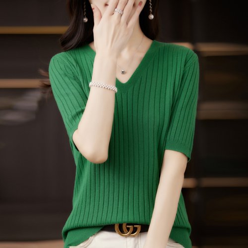 Imagen de Suéter de Mujer Manga Corta Primavera Verano, Prenda de Punto con Estilo Coreano, Jersey a Rayas Slim Fit, Cuello en V, Top Casual Moda 2025