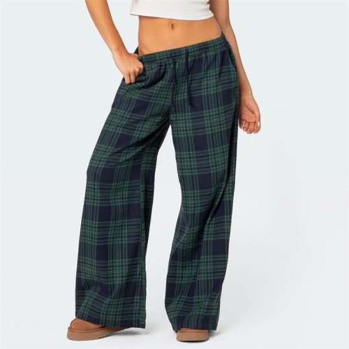 Imagen de Pantalones de Pijama para Mujer en Tallas Grandes, Estilo Casual a Cuadros, Cintura Alta Elástica con Bolsillos, Ropa de Casa Cómoda y Tendencia Y2K