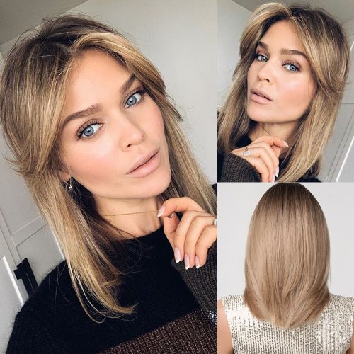 Image of Natural-Looking Medium Length Straight Ombre Brown Synthetic Wig with Bangs – Heat-Resistant, Layered, and Stylish for Women