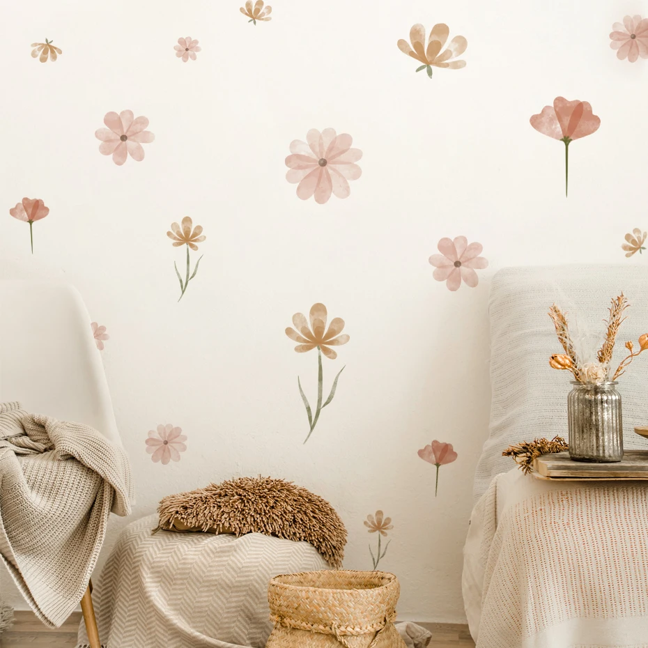 Imagen de Pegatina de pared de flores bohemias para niños, acuarela, dormitorio, sala de estar, decoración del hogar, arte ecológico, calcomanía extraíble, mural de PVC