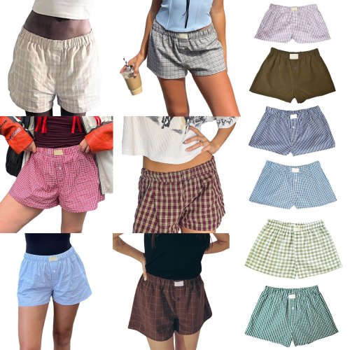 Immagine di Y2K da donna Retro Cleanfit Stampa scozzese Elastico a vita bassa Bottoni sul davanti Estetico Loungewear Pantaloncini larghi Boxer Streetwear