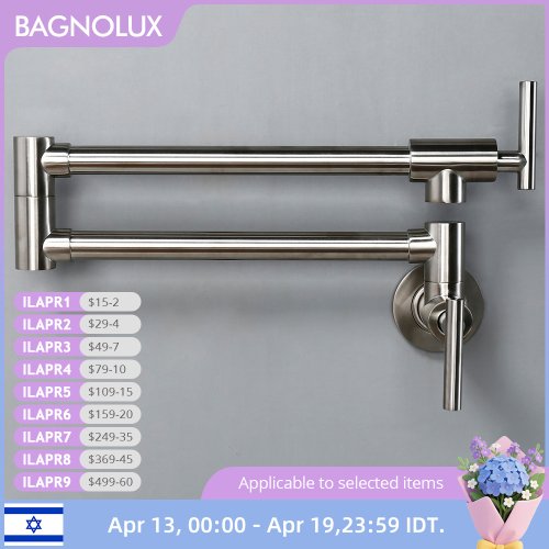 Imagen de Grifo de Cocina Bagnolux en Latón Cromado con Montaje en Pared, Giratorio, Plegable y Retráctil para Fregadero