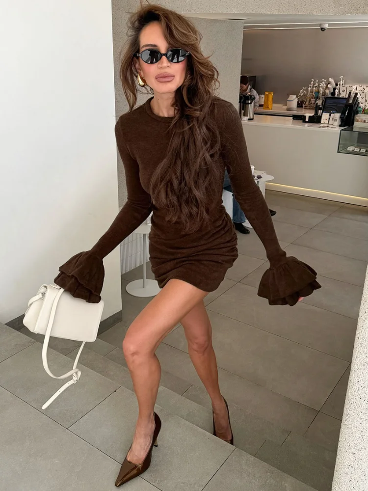 Image of Elegant Solid Color Round Neck Mini Dress with Full Flared Sleeves – Slim Fit Fashion Gown for Everyday High Street Style 2025