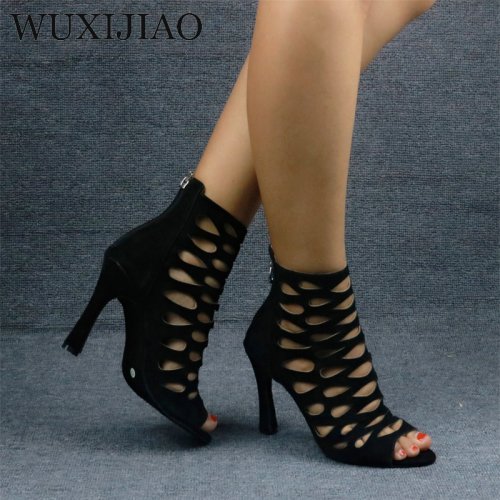 Image of Elegant Black Mesh Suede Latin Dance Sandals with Cross Straps – Comfortable High Heel Salsa Shoes for Women