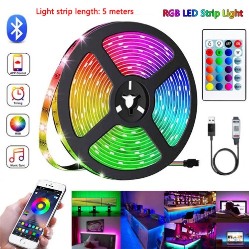 Zdjęcie Bezprzewodowy kontroler Bluetooth USB 5V z taśmą LED RGB 5050, elastyczna oświetlenie diodowe 5 metrów – idealne podświetlenie tła TV, dekoracja biurka i pokoju