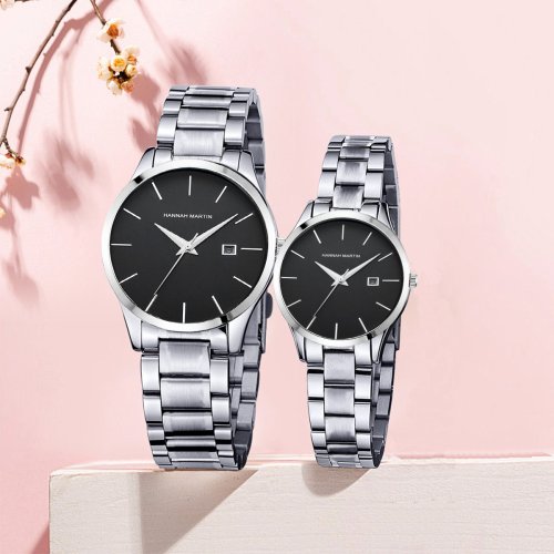 Image of Elegant Black Stainless Steel Quartz Couple Watches – Minimalist Business & Casual Timepieces for Him and Her