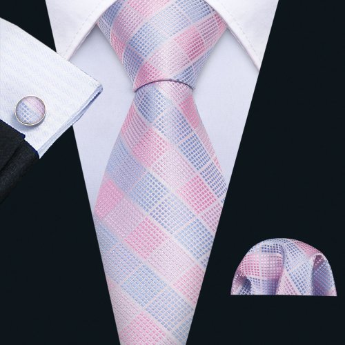Immagine di Barry.Wang Rosa Corallo Pesca Cravatta da uomo in seta con fazzoletto da taschino Gemelli Set Cravat...