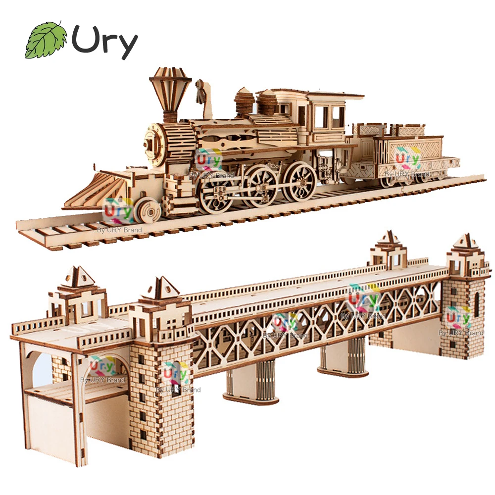 Imagen de Rompecabezas de Madera 3D Tren de Vapor Retro con Pista y Puente Ferroviario, Modelo Hecho a Mano DIY para Niños, Juguete Educativo y Decorativo