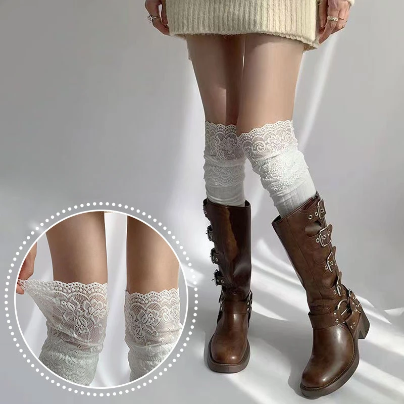 Afbeelding van Effen Kleur Sexy Kant Hoge Kousen voor Vrouwen en Meisjes – Over-de-Knie Dijhoge Warme Laars Sokken in Lolita Stijl