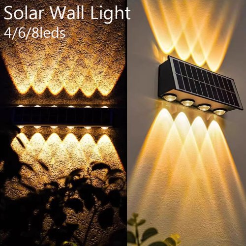 Imagen de Lámpara Solar de Pared con 4, 6 o 8 LED para Exterior: Iluminación Decorativa Impermeable para Patio, Jardín y Calle con Luz Arriba y Abajo