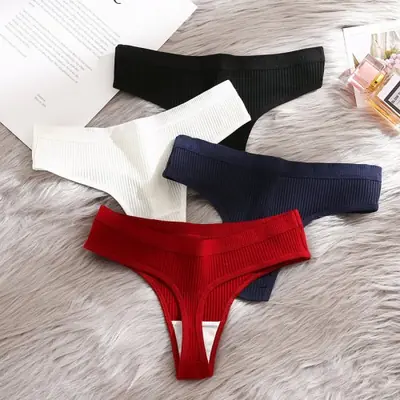 Image de Culottes Femme - Lot de 4 Tongs Rayées en Coton Doux