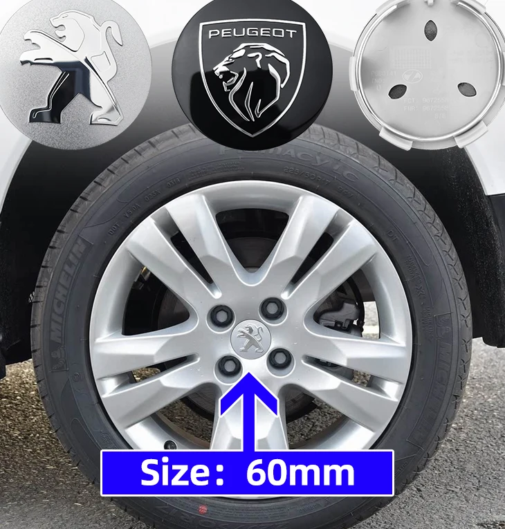 Zdjęcie 4 sztuki 60 mm kołpaków na felgi samochodowe – eleganckie nakładki z emblematem do Peugeot 208, 3008, 607, 301, 106, 406, 407, 107, 308, 2008, 207, 508