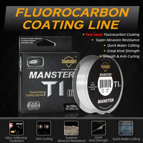 Image of Seaknight Brand Manster T1 II Series Two-Layer Fluorocarbon Coated Fishing Line – 100m & 50m Fast Sinking, Super Strong 3 to 100lb Monofilament for Saltwater and Freshwater Fishing