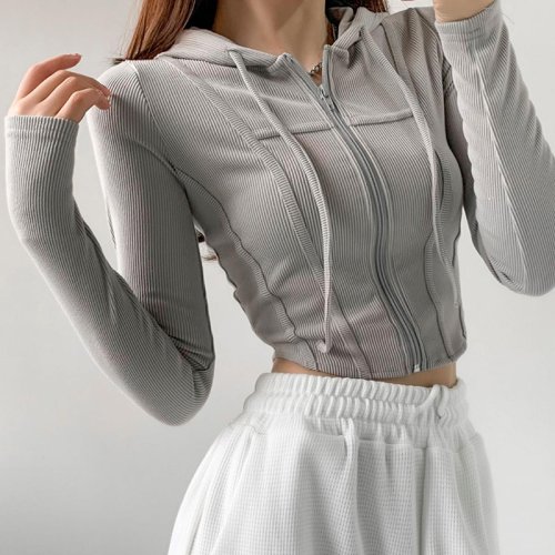 Bild von Dünne Strickjacke Mit Kapuze Frauen Koreanische Vintage Schlank Sommer Solide Sport Jacke Vertikale Pit Streifen Zipper Weibliche Sexy Cropped Tops