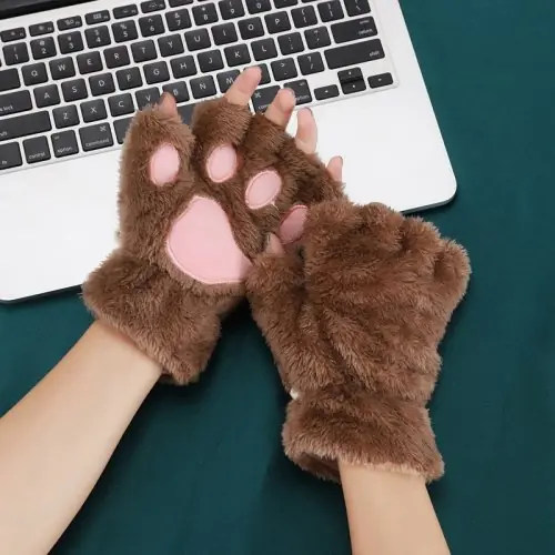 Image de Gants Hiver Mignons Chat Peluche - Mitaines Sans Doigts pour Filles