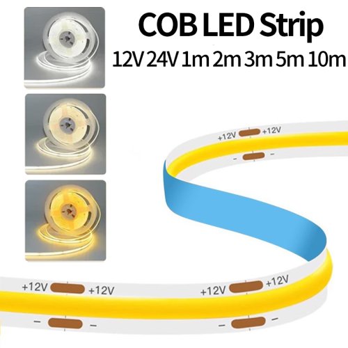 Image of Flexible 12V 24V COB LED Strip Light - 320 LEDs per Meter, Available in 1m, 2m, 3m, 5m, 10m Lengths for DIY Cabinet, Bedroom, and Home Decor