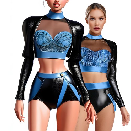 Imagen de Conjunto de Rave para Mujer: Top Corto Sin Mangas de Malla con Estampado Metálico Serpiente Brillante y Pantalón Corto, Set de 2 Piezas para Baile en Club