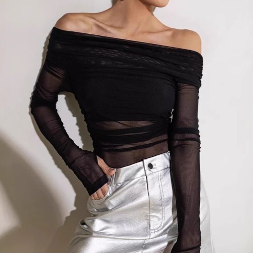 Immagine di Maglia Donna con Spalle Scoperte e Collo a V Profondo – T-Shirt Maniche Lunghe Sexy e Aderente, Top Femminile Elegante che Tocca il Fondo